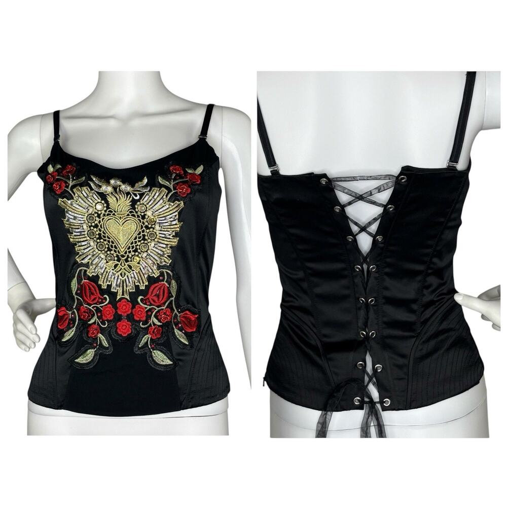 Gothic Lace Up Bustier Corset Heart Skulls 3D Roses Black Gold Red Witchy Voodoo